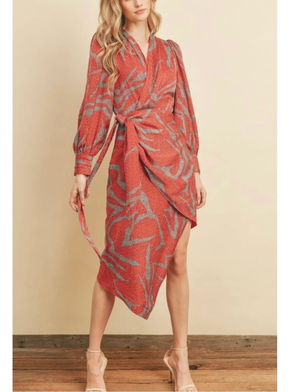Knot-Front Red and Gray Midi Wrap Dress size M